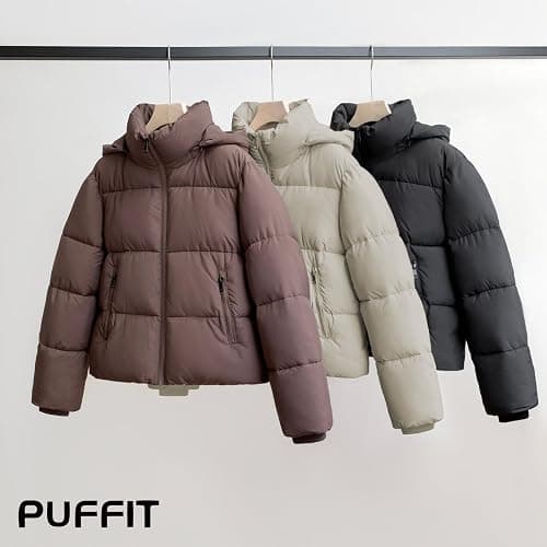 PUFFIT Women's Cropped Puffer Jackets,Warm Winter Jacket with Removable Hood,Zipped Pockets,Short Ladies Quilted Coat - Large - Lilac Blue thumbnail 4