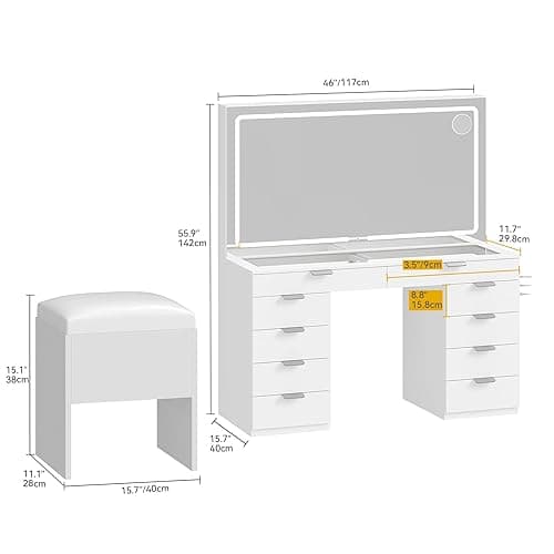 DWVO Makeup Vanity Table with Stool, Large Mirror, 10 Drawers, LED Lights with 3 Color Settings, USB & Power Outlets, Glass Top Dressing Table thumbnail 3