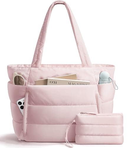 Bagstellar Puffer Tote Bag for Women, Lightweight Puffy Work Handbag Teacher Nurse Quilted Shoulder Bag for School Travel Gym | Cloud Bag w/ Zipper, Daily College Bags, 15.6" Computer Bag, Clinical Nursing Bag, 40 OZ Tumbler Holder, Ideal Gift for Women - Image 1
