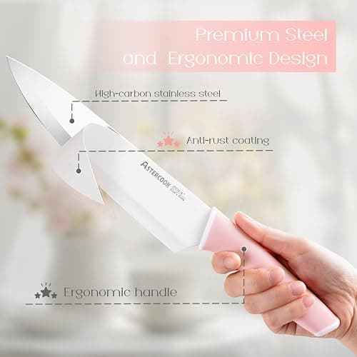 Astercook Knife Set, Kitchen Knives Set with Block and Sharpener Ceramic Coating 15 Pcs German Stainless Steel Knives Sharp Blade Dishwasher Safe Deba Knives with Ergonomic Handle, Crystal Pink thumbnail 3