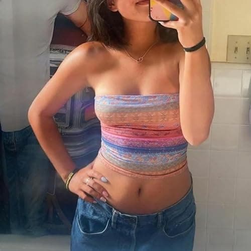 Women Y2K Tie Dye Tube Tops Summer Strapless Backless Floral Print Bandeau Crop Tops Cute Boho Cami Tops thumbnail 5