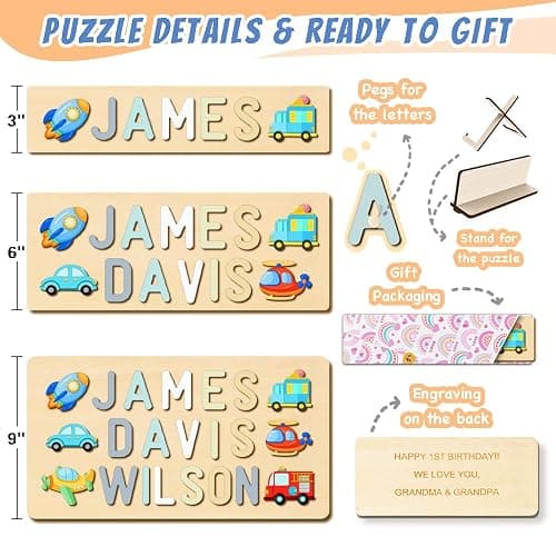 Personalized Name Puzzle for Kids, Easter Basket Stuffers, Custom Wooden Puzzle for Toddlers 1-3, First Birthday Gifts for Baby boy Girl, Montessori Learning Toys thumbnail 7