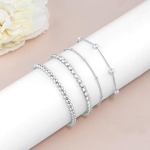 RMOYI Pearl Bracelets for Women Tennis Bracelet Dainty 14K Gold/Silver Plated Beaded Bracelets for Women Cubic Zirconia Bracelet Stack Pearl Jewelry Set thumbnail 5