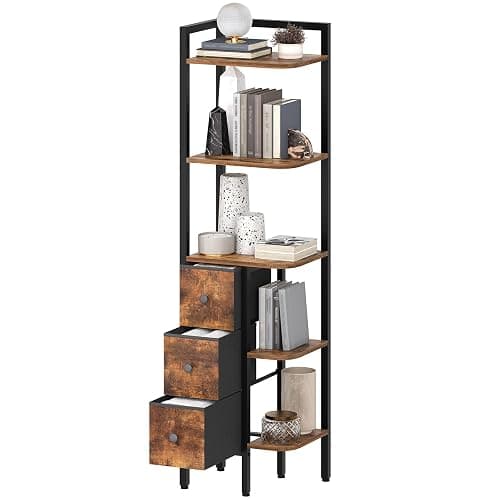 YATINEY Corner Shelf Stand, 5-Tier Corner Bookshelf with 3 Drawers, Industrial Display Shelf for Narrow Spaces, Wooden Small Bookcase, Easy Assembly, Rustic Brown and Black CJ10BR - Image 1