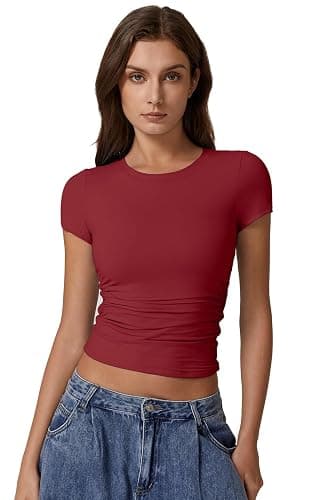 QINSEN Short Sleeve Shirts for Women Round Neck Basic Double Lined Tees Fitted Y2k Crop Tops thumbnail 3