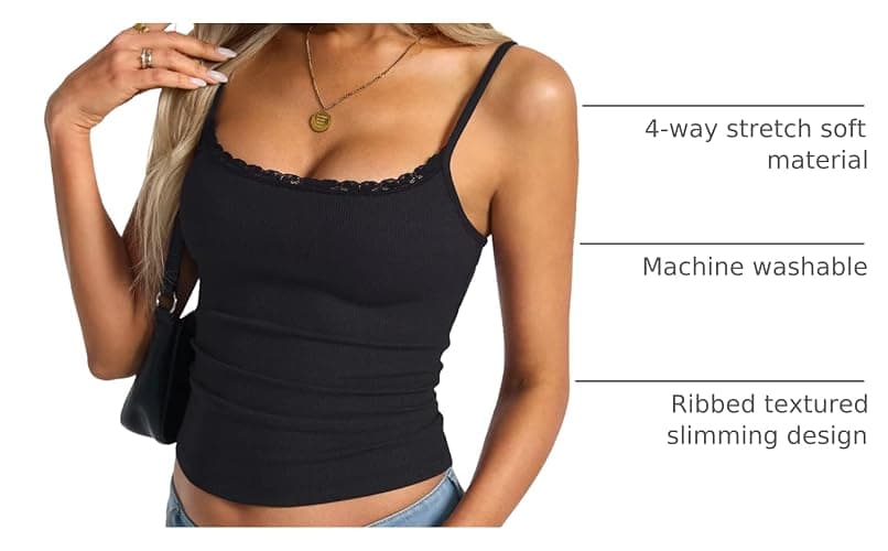 EasyGala Womens Lace Camisole Tops Square Neck Ribbed Tank Tops Adjustable Spaghetti Straps Sleeveless Summer Shirt 2025 thumbnail 4