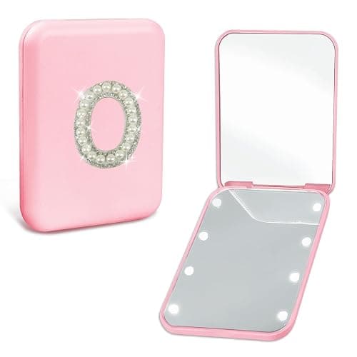 Aganmi Personalized LED Pocket Mirror Pearl Letter 1X/2X Magnification Small Travel Makeup Mirror with Lights Pink Compact Mirror Portable Mirror Gifts Travel Essentials for Women Teen Girl (O) - Image 1