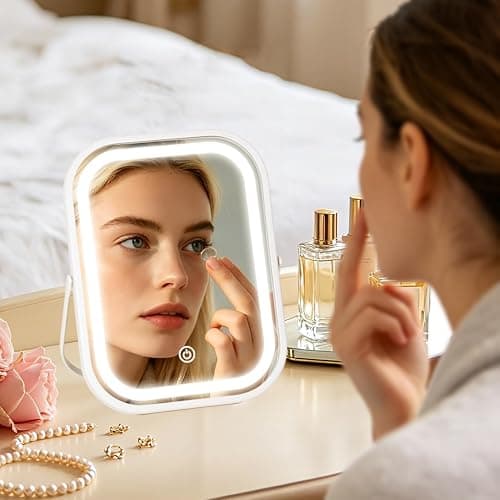 YEKKOPT Travel Makeup Mirror with Lights, Portable Small Beauty LED Vanity Mirror with Lights, 1200mAh Battery, Dimmable Touch Screen, Tabletop Folding Compact Mirror,Women Gift thumbnail 4