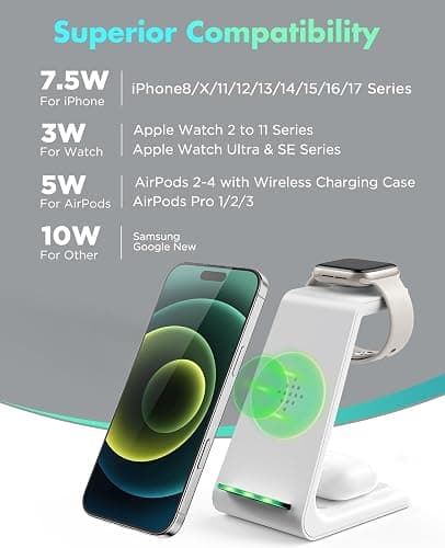 3 in 1 Wireless Charging Station, 2025 Upgraded Fast Desk Charger Station for iPhone 17 16 15 14 13 12 Pro Max Plus, Charger Stand for Apple Watch 11 10 9 8 7 6 5 4 3 2 Ultra SE, Airpods 4 3 2 Pro thumbnail 2
