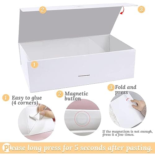 Gift Box, Luxury Magnetic Gift Box with Lid Ribbon Greeting Card Shredded Paper, Gift Packaging Box for Present Birthday Wedding Anniversary Festival (23×17×7cm, White) thumbnail 6