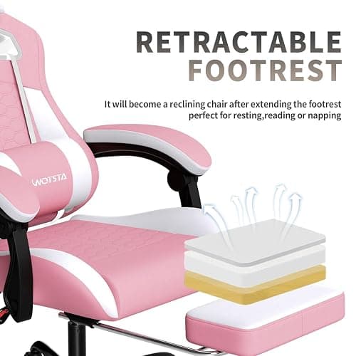 WOTSTA Gaming Chair with Massage,Ergonomic PC Gaming Chair with Footrest Comfortable Headrest and Lumbar Support,High Back Game Chair PVC Leather,300LBS (Pink) thumbnail 5