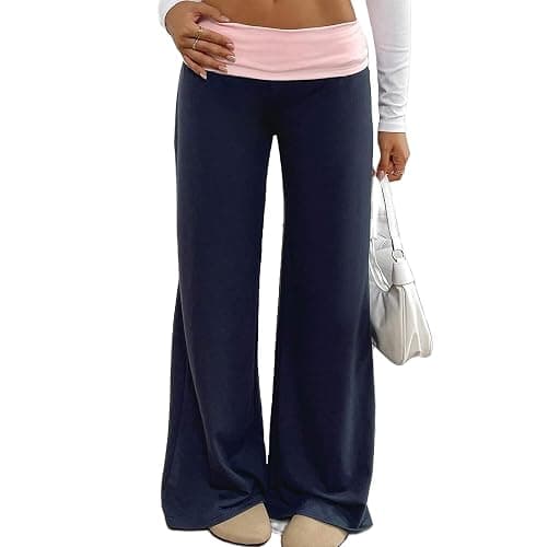 MYBFYABO Y2k Fold Over Yoga Pants for Women Low Rise Wide Leg Sweatpants | Womens Comfy Flowy Palazzo Pajama Pants, Contrast Color/ Striped Wide Foldover Waist Lounge Bell Bottoms 2026 - Image 1