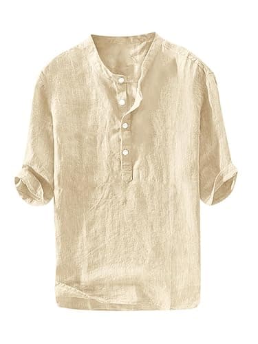 Ryannology Mens Linen Shirts Casual Cotton 3/4 Sleeve Regular-Fit Henley T-Shirt Summer Lightweight Beach Yoga Tops - Image 1