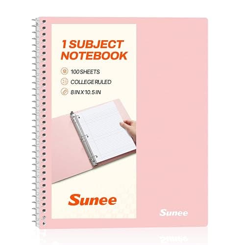SUNEE Spiral Notebook, 1-Subject, College Ruled Paper, 8" x 10-1/2", 100 Sheets per Notebook, 3-Hole Punched Paper, Water Resistant Cover, Double-sided Pockets, Spiral Lined Notebooks for Work, Pink - Image 1