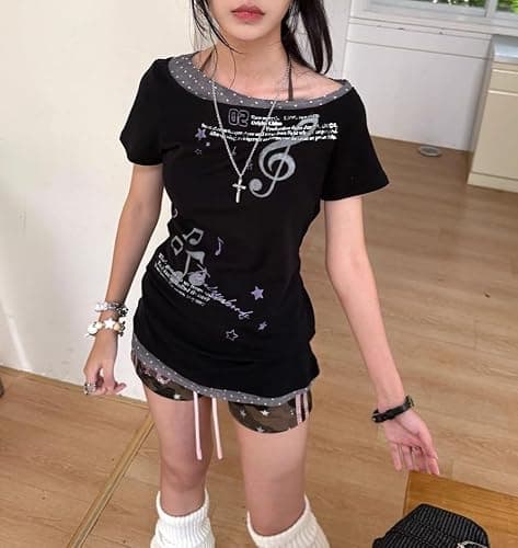 Y2k Aesthetics Grunge T Shirts Fake Two Piece Short Sleeve Graphic Tees 2000s Harajuku Punk Gothic Crop Tops Teens thumbnail 2