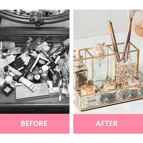 HARLIANGXY Makeup Organiser, Glass Makeup Brush Holder, Makeup Brush Pot, Cosmetic Organizer, Desktop Storage Box, Perfume Organiser for Dressing Table, Bedroom, Washroom - Gold thumbnail 3