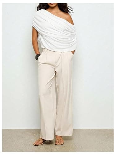 Milumia Women's Off The Shoulder Ruched Mesh Top Draped Asymmetrical Short Sleeve T Shirts thumbnail 3