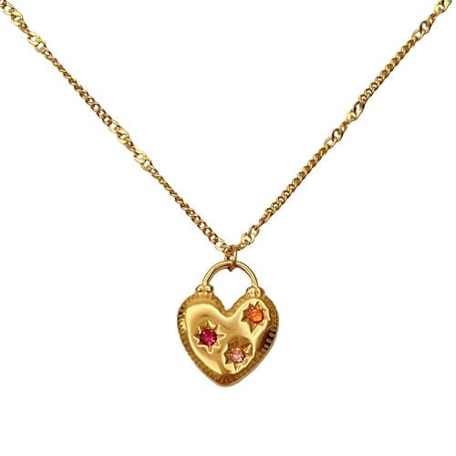 UniLogue Fashion Versatile Stainless Steel 18K Gold Plated Pink Zircon Love Lock Square Pendant Star Gold Necklace Natural Stone Beads Jewelry - Image 1