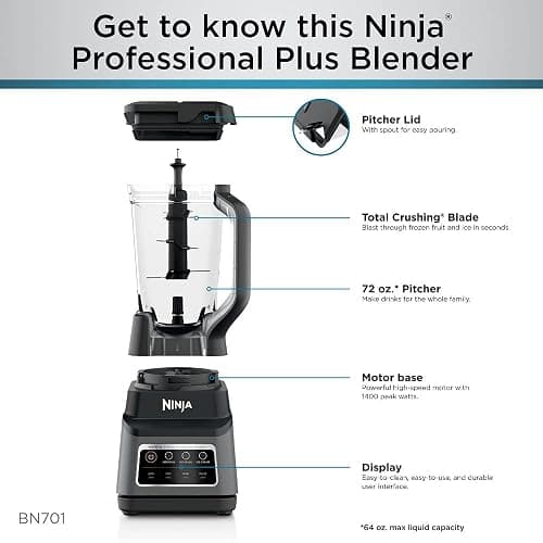 Ninja Professional Plus Blender | Max Power Smoothie Blender, Ice Cream Maker, Frozen Drink Mixer & Margarita Machine | 3 Auto IQ™ Presets, 1400 W, 72oz Total Crushing Pitcher | Dark Grey, BN701 thumbnail 10