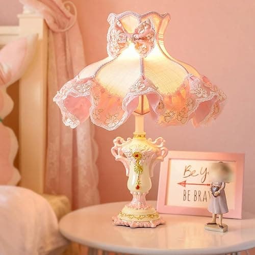WISHVYQ European Style Pink Table Lamps Victorian Desk Lamp American Retro Handmade Fabric Lampshade with Resin Lamp Body Bedside Lamp for Girl's Bedroom Office Living Room thumbnail 3