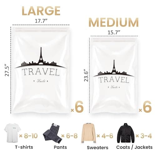 TAILI 12 Pack Travel Compression Bags, Roll Up Space Saver Bags (6 Large+6 Medium), No Vacuum Needed Reusable Packing for Luggage, Suitcase, Backpack, Travel Essentials, Clear thumbnail 2