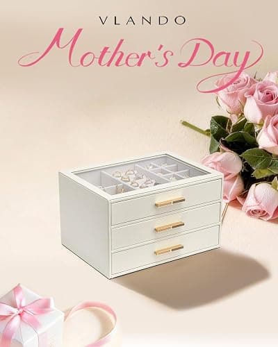 VLANDO Jewelry Box for Women, Glass Lid Jewelry Organizer with 3 Drawers for Necklaces Rings Earrings Bracelets Mother Day Gift for Mom - Cloud White thumbnail 3