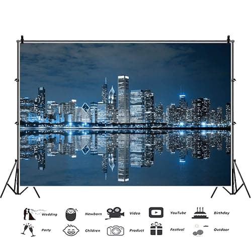 DORCEV Skyline City Night Landscape Photography Backdrop Business Modern City Chicago Downtown Night Background for Party Decoration Birthday Kids Boy Photoshoot Photo Background Props thumbnail 2