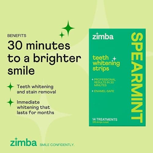 Zimba Spearmint Flavored Teeth Whitening Strips | Vegan, Enamel Safe Hydrogen Peroxide Teeth Whitener for Coffee, Wine, Tobacco, and Other Stains | 14 Day Treatment | Spearmint thumbnail 2