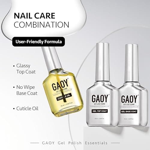 GAOY Gel Top Coat, Base Coat and Cuticle Oil Set, 3 Pcs 16ml Glossy No Wipe Combination for UV Light Cure Gel Nail Polish thumbnail 6