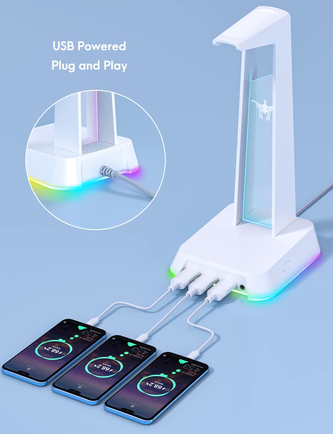 PHNIXGAM - Soporte para auriculares RGB con 3,5 mm AUX y 3 puertos USB 2.0, soporte universal para auriculares para juegos de computadora y juegos (blanco) - Blanco thumbnail 4