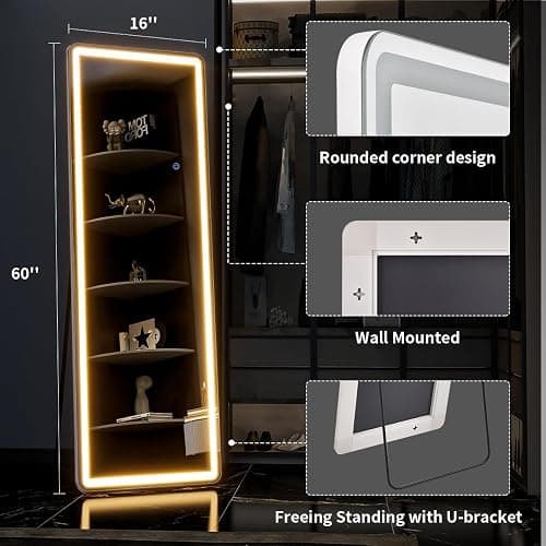 Simple Deluxe Full Length Mirror with LED Lights, 60"x16"Floor Mirror with Dimming & 3 Color Lighting, Free Standing Floor Mirrors, Lighted Full Body Mirrors for Bedroom, Dressing Room, Cloakroom thumbnail 2