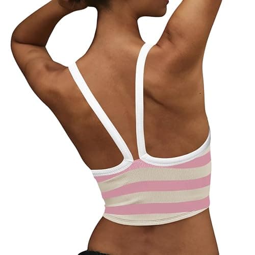 Fisoew Womens Striped Crop Sleeveless Tank Tops Scoop Neck Crossed V Racerback Cami Workout Yoga Athletic Sports Tops - Image 1