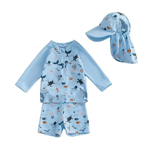 Hnyenmcko Toddler Baby Boys Swim Set Long Sleeve Rashguard Swimsuit Shirt Trunks Infant Bathing Suit Swimwear with Hat - Image 1