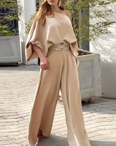 CHICME Women Summer 2 Piece Outfits Off Shoulder Top Flowy Wide Leg Pants Set Vacation Travel Airport Outfits thumbnail 6