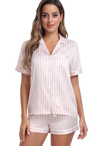 Serenedelicacy Women's Satin Pajama Set 2-Piece Sleepwear Loungewear Button Down Short Sleeve Silky PJ Set thumbnail 3