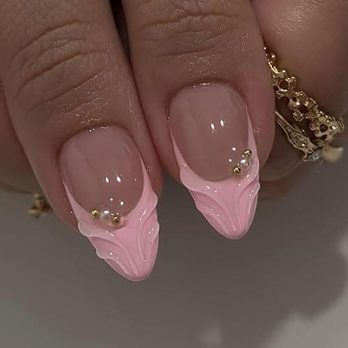 LPOODDNU 3D Pink Press on Nails Almond - Medium French Tip Fake Nails with Embossed Flower&Gold Bead Designs, Glossy Finish Reusable False Nails with Glue Tabs - 24Pcs Nail Kit for Women Manicure thumbnail 3