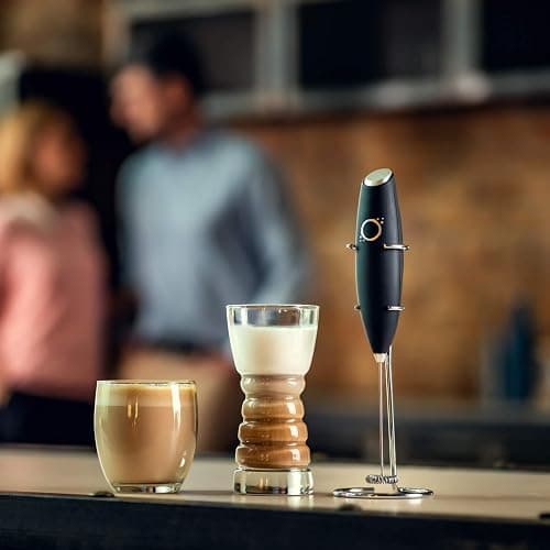 Unicoff Handheld Milk Frother with Stand – Electric Milk Frother for Coffee, Latte, Cappuccino & Matcha – Battery Operated Drink Mixer, BPA-Free Stainless Steel Whisk, Portable Mini Foam Maker (Black) thumbnail 2