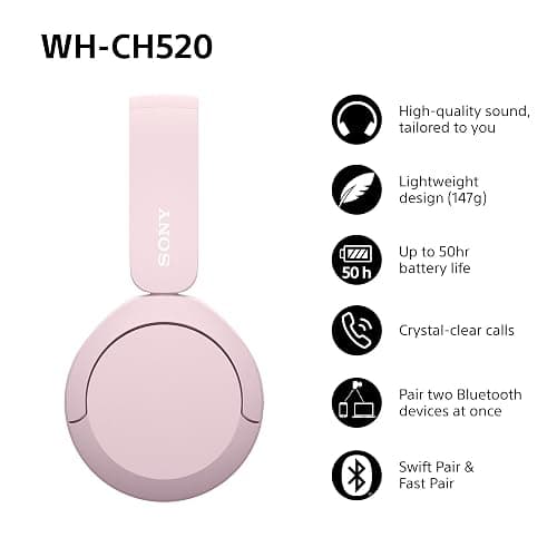 Sony WH-CH520 Wireless Bluetooth On-Ear Headphones, Sound, Lightweight Design, Up to 50hr Battery Life, Quick Charge, EQ, Clear Call Quality, iOS & Android - Pink thumbnail 2