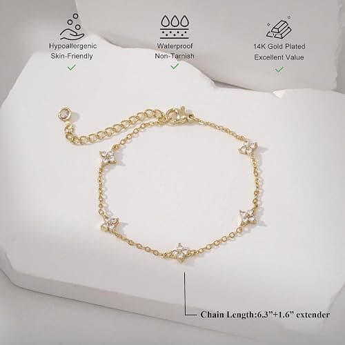Bheop Bracelets for Women 14K Gold Silver Plated Ring Bracelet Hand Chain Dainty Evil Eye Heart Clover Daisy Cubic Zirconia Stackable Link Chain Hypoallergenic Body Jewelry Cute Trendy Gifts thumbnail 5