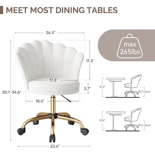 Aivermeil Comfy Home Office Desk Chair, Swivel Modern Velvet Vanity Chair with Gold Base, with Lumbar Pillow, Adjustable Rolling Task Chair for Condo, Bedroom & Vanity，White thumbnail 2