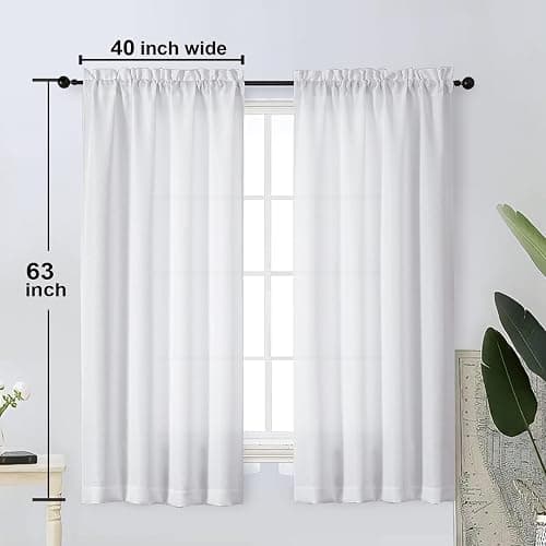 OWENIE Bob White Curtains 63 Inch Length 2 Panels Set for Living Room Bedroom, Light Filtering Faux Linen Textured Soft Window Curtain, Solid Soft Rod Pocket Drapes, 40Wx63L Inches, 2 Pcs, White thumbnail 2