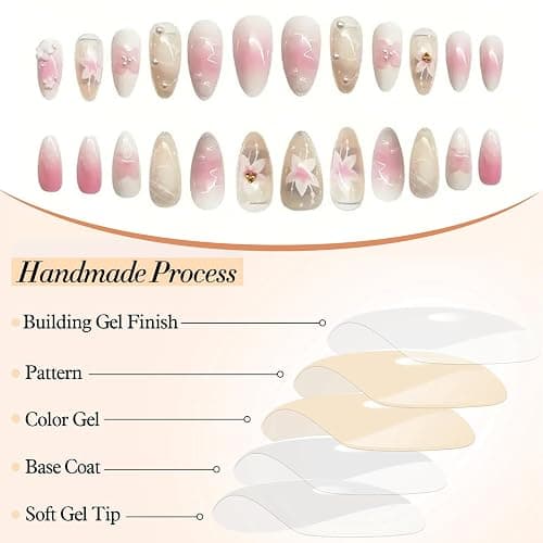 GlamRays Lot de 24 faux ongles à effet 3D, en acrylique, en forme d’amande de taille moyenne, motif relief perlé, rose brillant thumbnail 5