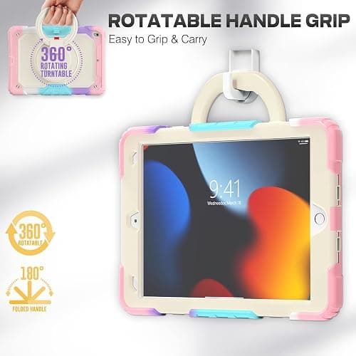 SEYMAC stock Shockproof Tablet Case for iPad 9th/8th/7th Generation 10.2 inch, Full-Body Drop Protection Case with Pencil Holder & [360 Ring Handle Stand] Screen Protector (Colorful Pink) thumbnail 3