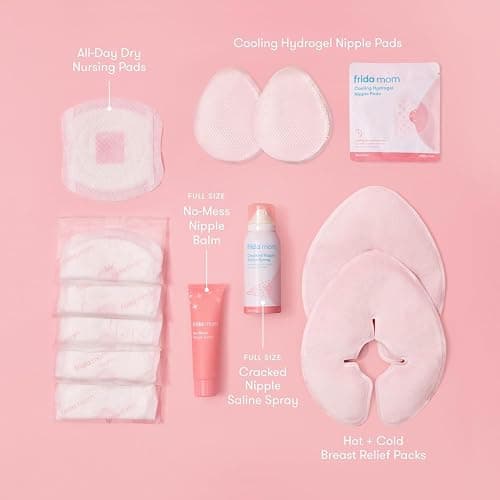 Frida Mom Breastfeeding Survival Kit for Nursing Moms, Reusable Hot+Cold Breast Relief Packs, Hydrogel Nipple Pads, Cracked Nipple Saline Spray, Nipple Balm, Nursing Pads, 13 Piece Gift Set thumbnail 2