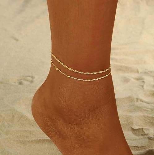 2/3 PCS Gold Anklets for Women Waterproof Cuban Link Anklet Beaded Bracelets Stackable Bracelets 14K Gold Plated Custom Jewelry Gifts Non Tarnish Lightweight thumbnail 4