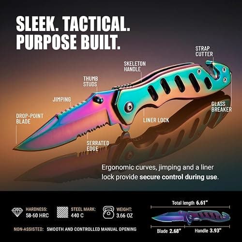 Legal Rainbow Pocket Knife with Glass Breaker Seatbelt Cutter - 2.68 Inch Sharp Serrated Blade - Cute Small Folding Womens Knives for Self Defense EDC Camping - Food Processing Mincing Knives 6655 R thumbnail 3