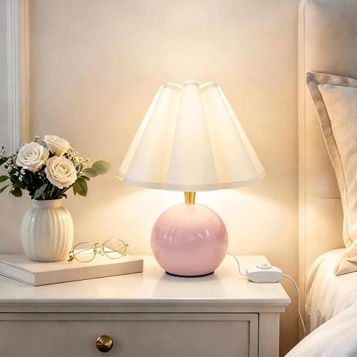 Komothala Small Bedside Table Lamp, Ceramic Stepless Dimmable Lamp with Scalloped Fabric Shade,Decorative Accent Light for Nightstand, Living Room, Console or Kids Dorm,Pink (E26 LED Bulb Included) - Image 1