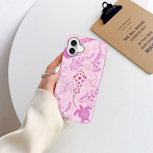 Case for iPhone 16,Fits Frosted Case Design for Girl Women,Sharks Turtles Shells Seaweed Pink thumbnail 5