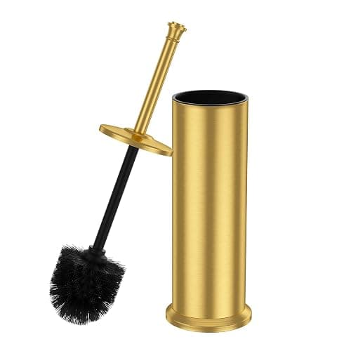 Brass Toilet Brush and Holder,Long Handled Gold Toilet Brush for Bathroom,Stainless Steel Heavy Duty Toilet Bowl Brush,Removable Inner Bowl,Deep Cleaning Dense Bristles Cleaner Brush -Space Saving - Image 1