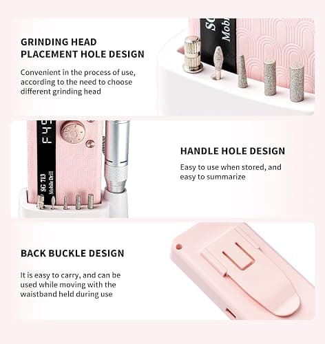 Electric Nail File Professional Kit - 45000RPM Portable Nail Drill Electric File with 11 Bits & Base丨LED Screen丨Ultra-Silent, Rechargeable Nail Drills Machine for Acrylic Nails Gel Polishing (Pink) thumbnail 8